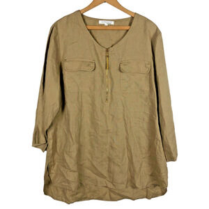 Company Ellen Tracy XL Tunic Shirt Blouse Top Pullover Tan Zip 100% Linen Womens